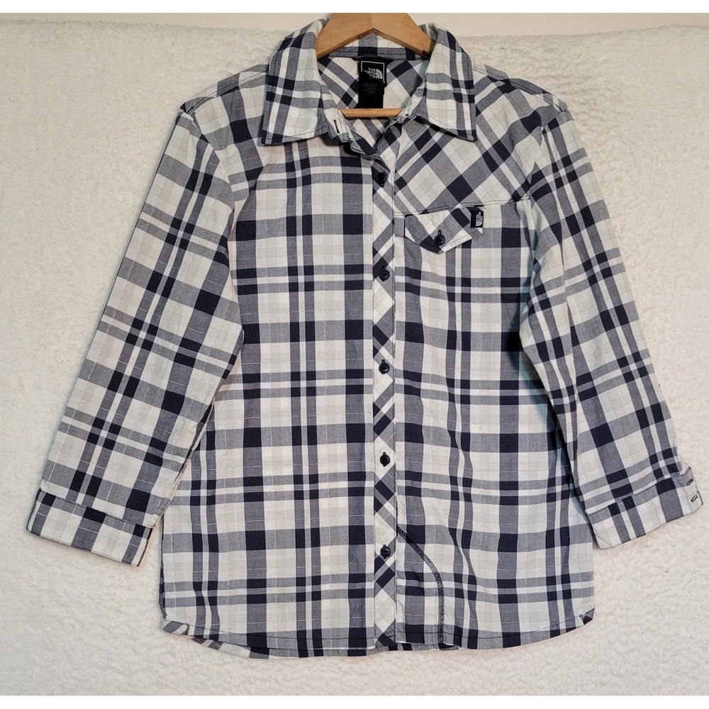 The North Face Women's Plaid Top Size L Blouse Shirt 3/4 Sleeve Buttons 1940